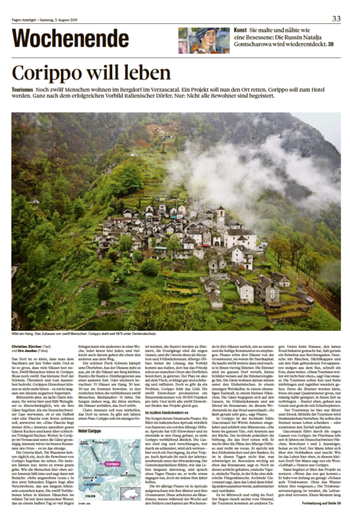 Il Tages Anzeiger titola “Corippo will leben”